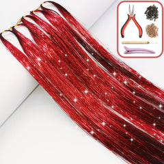 Hair Tinsel Kit with Tools and Instruction Easy to Use 1000 Strands 47 Inches Glitter Tinsel Hair Extensions for Women and Girls, Sparkling Shinny Fairy Hair Accessories for Christmas New Year Halloween Cosplay Party (Pink)