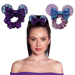 Styla Hair 2pk Mouse Ear Scrunchies for Kids Velvet Hair Bow Scrunchies for Women - Sparkle Sequins Mouse Hair Bands for Pony Tail (Red Black)