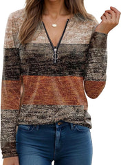 Women's Fall Quarter Zipper Striped Sweatshirts Long Sleeve Trendy Color Block Casual Tops Pullover