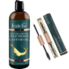 Live Fraiche Organic Castor Oil Lash Serum for Hair Growth, 100% Pure Eyebrow Eyelash Growth Serum, Cold Pressed Hexane Free (2oz Glass Bottle + FILLED Mascara Tube)