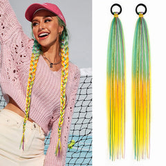 26 Inch Hair Tinsel Colored Braided Ponytail Extension 2 Pack Blue Pink Gradient Hair Extensions Ponytail with Elastic Tie Straight Sleek Wrap Around Hair Extensions for Braids