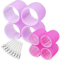 Self Grip Hair Rollers Curlers 16 Pcs Set with 8Pcs Hair Rollers 2 Sizes (4 Jumbo & 4 Large) and 8 Pcs Hair Clips for Long Medium Short Thick Fine Thin Hair Volume (Black)