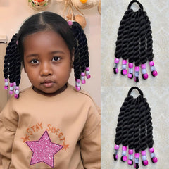 YOROSTAR 2 Pieces Kids Ponytail With Beads 6inch Two-Strand Twists Braided Ponytails for Kids Braids with Beads Protective Braided Hairstyles for Black Girls(Rose Red Beads)
