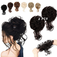 2PCS Messy Bun Hair Piece Tousled Updo with Tendrils Wavy Curly Hair Bun Scrunchies Ponytail Extension Elastic Band Hairpieces For Women (Light Brown mix Ash Blonde)