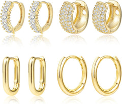 ALEXCRAFT Small Gold Hoop Earrings Set for Women Diamond Pave Gold Earrings Set with Sterling Silver Post