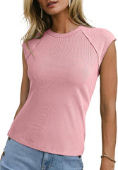 Sidefeel Womens Tops Casual Crewneck Cap Sleeve Tops Ribbed Raw Hem Summer T Shirts Slim Fit Basic Tees Blouses