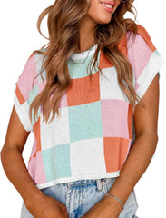 Womens Cap Sleeve Summer Tops Crop Checkered Y2K Outfits Cute Preppy Clothes Loose Fit Lightweight Short Sleeve Sweater