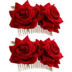Bememo 2 Pack Women Rose Flower Hair Clip Rose Side Combs Flamenco Flowers Day of The Dead Costumes Mexican Hair Accessories for Wedding Party Mother's Day(Red)