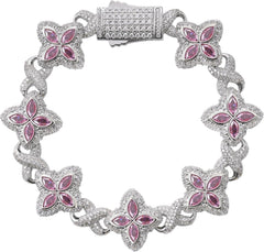 Lulu Mel Cross Infinity Charm Cuban Chain Bracelet for Men Women, Iced Out Silver Colorful Prong Setting 5A Cubic Zirconia Diamond Fashion Four-Leaf Cuban Bracelet for Rapper Gift