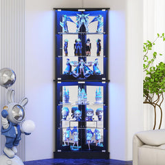 72" Corner Display Cabinet with Glass Doors, 6-Tier Showcase Curio Cabinet for Collectibles with Dynamic LED Lights, Modern Display Case for Living Room, White
