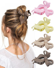 4 PCS Bow Hair Clips Bow Claw Clip for Women, Large Hair Claw Clips for Thin Thick Long Hair Cute Nonslip Bows (Black+Grey+Dark Brown+Light Brown)