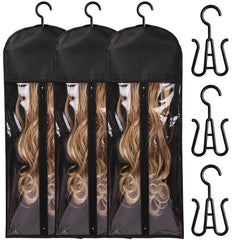 3PCS Hair Extension Holder Wig Storage Bags with Hanger Wig Holder for Multiple Wigs Hanger Dust-proof Storage Organizer with Hook Hair Extensions, wigs & accessories (Black)
