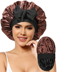 Satin Bonnet for Women Silk Bonnets for Sleeping Curly Hair Bonnet with Elastic Tie Band Reversible Double Layer Sleep Cap Hair Wrap (Bean Paste + Pink)