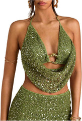 SHENHE Women's Sexy Y2k Halter Going Out Top Open Back Deep V Neck Metal Ring Rave Shirt