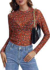 Womens Lace Mesh Long Sleeve Top Floral Sheer See Through Sexy Tops Mock Neck Shirts Party Club Night Blouses