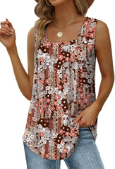 Saloogoe Summer Tank Tops for Women Loose Fit Pleated Square Neck Sleeveless Tops Curved Hem Flowy
