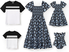 PATPAT Family Matching Outfits Boho Floral Print Square Neck Puff Sleeve Smocked Dress and Short Sleeve T-Shirts Matching Set