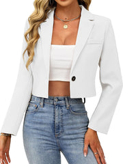 ELLEVEN Women’s Cropped Blazer Business Casual Open Front Long Sleeve One Button Jacket