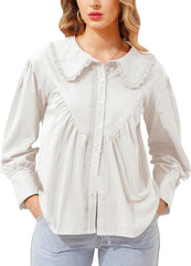 Women Long Sleeve Button Down Shirt Lace Peter Pan Collar Shirt Cotton Lantern Sleeve Ruffle Babydoll Blouse Tops