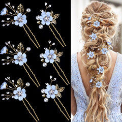 6 Pieces Bridal Flower Wedding Hair Pins Crystal Pearl Hair Pins Clips Headpiece Gold Wedding Hair Accessories Jewelry with Rhinestone for Brides Bridesmaids Women Girls Updo (Special Cream Blue)