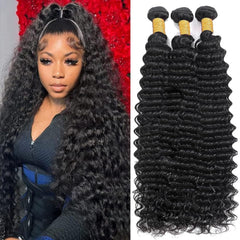 Deep Wave Human Hair Bundles 18 20 22 Inch Deep Curly Bundles Human Hair 12A Unprocessed Brazilian Virgin Weave 3 Bundles Real Human Hair Extensions 1B Natural Black Bundle for Women