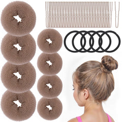 FANDAMEI Hair Bun Maker for Kids, 4PCS Donut Bun Maker Small with 4PCS Extra Small Hair Buns Kit. Ballet Hair Bun Maker for Kids, Hair Bun Set with Elastic Hair Ties, Hair Pins.(Brown)