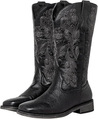 SheSole Women's Extra Wide Calf Cowboy Boots – Square Toe with Hidden Stretch Panel, Cushioned Latex Footbed & Comfort for Wider Calves
