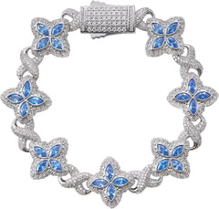 Lulu Mel Cross Infinity Charm Cuban Chain Bracelet for Men Women, Iced Out Silver Colorful Prong Setting 5A Cubic Zirconia Diamond Fashion Four-Leaf Cuban Bracelet for Rapper Gift