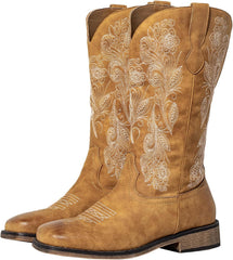 SheSole Women's Extra Wide Calf Cowboy Boots – Square Toe with Hidden Stretch Panel, Cushioned Latex Footbed & Comfort for Wider Calves
