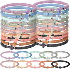 30 Pcs Cross Bracelets Bulk Jesus Bracelets Handmade Elastic Colorful Polymer Clay Beaded Religious Wristbands Christian Wristbands for Women Kids Sunday Halloween Christmas