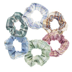 Blue Plaid Scrunchies Set - 5 Bandana Hair Ties for Women