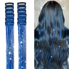 12Pcs Hair Tinsel Clip in 19.6Inch Glitter Tinsel Hair Extensions Heat Resistant Shiny Sparkle Fairy Hair Tinsel Kit for Women Girls Kids (Mixed color)