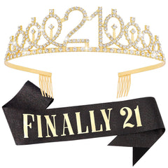 21st Birthday Crowns and Sashes for Women, Birthday Sash Princess Tiara Headband Elegant Rose Gold Crown with Combs for Girls Crystal Tiaras Birthday Headpieces for Party Hair Accessories Gifts