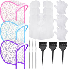 3 Sets Hair Coloring Kit, Includes PVC Hair Coloring Caps with Styling Tools, Disposable Dye Shawl, Gloves, Brushes for Dyeing(Blue)
