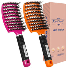 Boar Bristle Hair Brush 2PCS, Curved Vented Detangling Brush for Wet and Dry Hair, Styling Paddle Hairbrush for Women Men Kids Curly Straight Thick Long or Short Hair