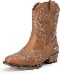 DREAM PAIRS Women's Cowboy Cowgirl Western Boots Embroidered Stitched Ankle Boots Square Toe Chunky Heel Fashion Short Booties with Zipper