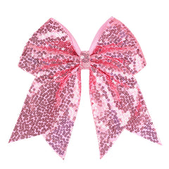 Jumbo Glitter Cheer Bow Clip - 7 Inch Large Cheerleading Sequin Hair Bow with Tails for Girls Teen Softball Cheerleader Outfit Uniform (Rainbow)