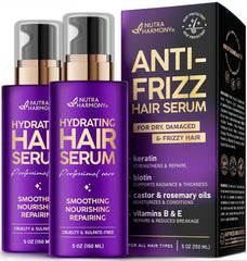 NUTRAHARMONY Hydrating Hair Serum – Keratin Hair Treatment for Dry, Frizzy, Damaged Hair – Biotin, Castor & Rosemary Oils – Anti‑Frizz, Heat Protectant & Split Ends Repair for Smooth, Shiny Hair, 5oz