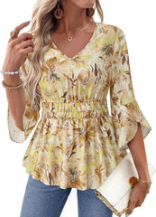 Timeson Women's 3/4 Sleeve Tops Dressy Casual V Neck Floral Blouses Elastic Waist Fall Shirts