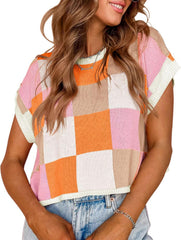 Womens Cap Sleeve Summer Tops Crop Checkered Y2K Outfits Cute Preppy Clothes Loose Fit Lightweight Short Sleeve Sweater