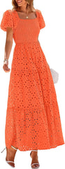 PRETTYGARDEN Summer Dresses for Women 2025 Eyelet Square Neck Puff Sleeve Smocked Wedding Guest Maxi Dress with Pockets