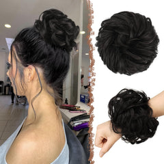FESHFEN Messy Bun Hair Pieces - Large Wavy Curly Elastic Hair Bun Scrunchies Ponytail Extensions Synthetic Chignon Hairpieces for Women, Black Gray and White Tips 1.94oz