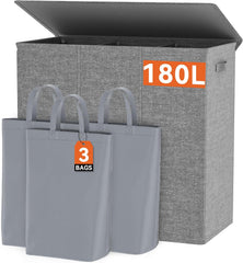 WOWLIVE 180L Laundry Hamper with Lid 3 Section,Large Laundry Basket with Removable Bags and Handles,Collapsible Dirty Clothes Hampers for Laundry,Laundry Basket Organizer for Laundry Room,Dorm,Black