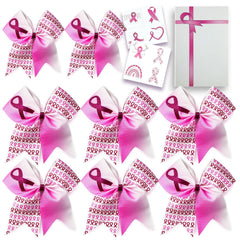 8 PCS 7 Inch Breast Cancer Awareness Cheer Bows Large Glitter Pink Ribbon Hair Bows Ponytail Holder Elastic Hair Ties Handmade for Teens Girls Women (Pink)