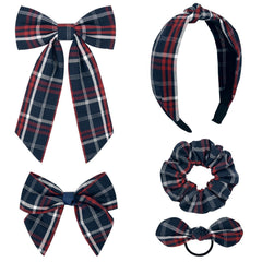 DEEKA 5 Styles Uniform Plaid Long Tail Hair Bows Knotted Headband Scrunchies Bow Set Alligator Clips Back to School Accessories for Toddler Little School Girls (Dark Green, Navy, Red&Yellow 5 Styles)