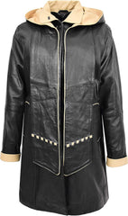 Womens Real Leather Coat Classic Detachable Hooded Style Debra Black Beige