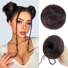 Space Buns Hair Piece 2 Pack Fake Bun Extension for Women Claw Clip Messy Bun Hair Pieces for Updos Natural Mini Bun Hairpieces Cosplay Priness Leia Buns (Cool Brown)