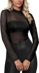 Womens Mesh Floral Long Sleeve Tops Lace Undershirt Mock Neck Going Out Sheer Blouses 2025 Trendy