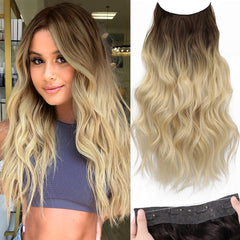 KooKaStyle Invisible Wire Hair Extensions with Transparent Headband Adjustable Size 4 Secure Clips Long Wavy Highlight Hairpiece 20 Inch Balayage Dark Brown to Chestnut for Women