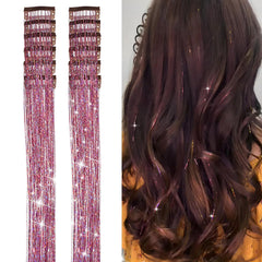 12Pcs Hair Tinsel Clip in 19.6Inch Glitter Tinsel Hair Extensions Heat Resistant Shiny Sparkle Fairy Hair Tinsel Kit for Women Girls Kids (Mixed color)